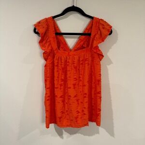NWT‎ LC LAUREN CONRAD Womens Top Medium Orange Ruffle Sleeve Cross Back Textured